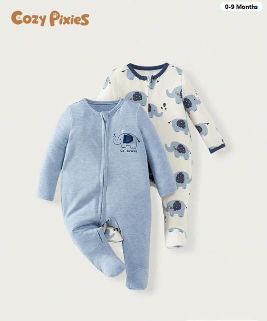 Cozy Pixies Newborn Baby Boy Long Sleeve Crew Neck Romper Set with Cute Elephant Print