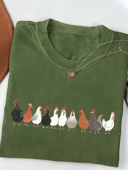 INAWLY Mother's Day Chicken Print Shirt, Women's Comfortable Chicken Print T-Shirt, Funny Farm and Farmer Shirt