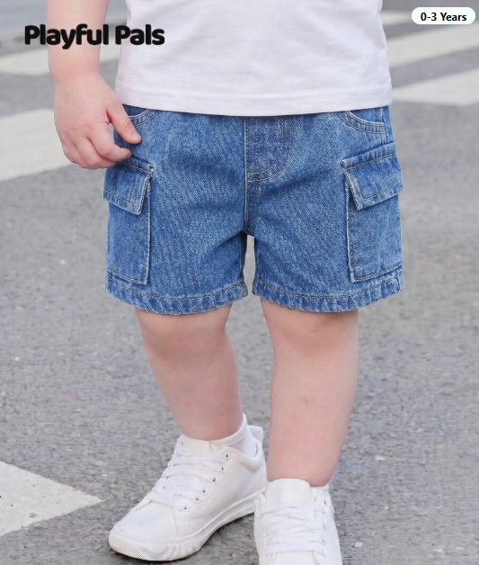 SHEIN Playful Pals Pantalones cortos de mezclilla informales y cómodos para bebé con bolsillos de utilidad