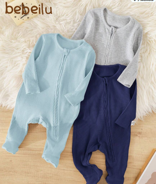 Set of 3 soft knit rompers with round neck, long sleeves and front zipper for newborn baby boy, minimalist style and comfortable