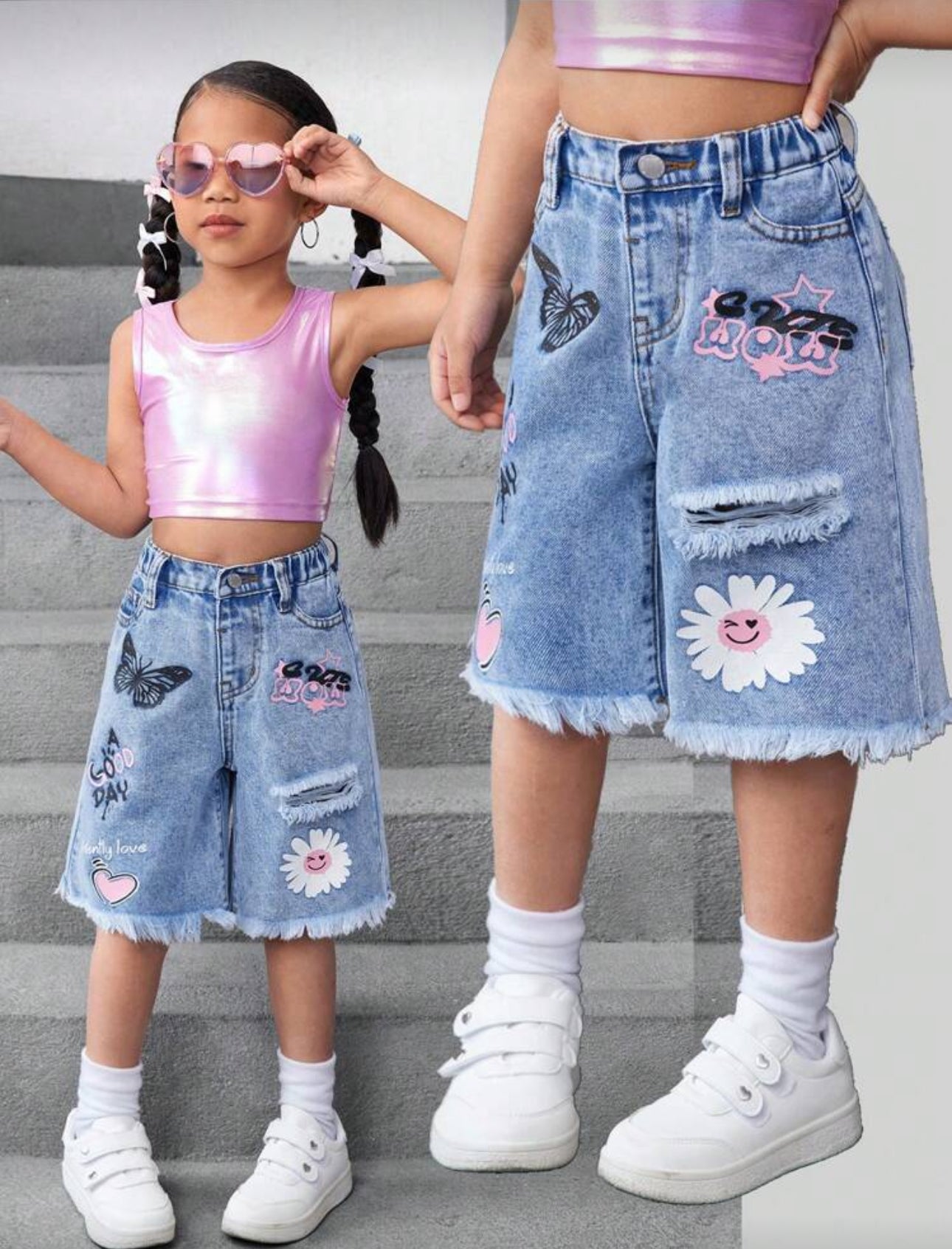 SHEIN Young Girl Y2K Blue Denim Shorts With Butterfly, Flower And Heart Graphic,Kid Girls Spring And Summer Casual Vacation Country Boho Wear