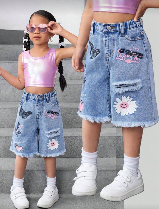 SHEIN Young Girl Y2K Blue Denim Shorts With Butterfly, Flower And Heart Graphic,Kid Girls Spring And Summer Casual Vacation Country Boho Wear