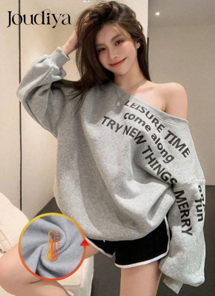 Joudiya Loose Asymmetrical Letter Print Sweatshirt, Thermal Lining, Long Sleeve, Autumn Clothing