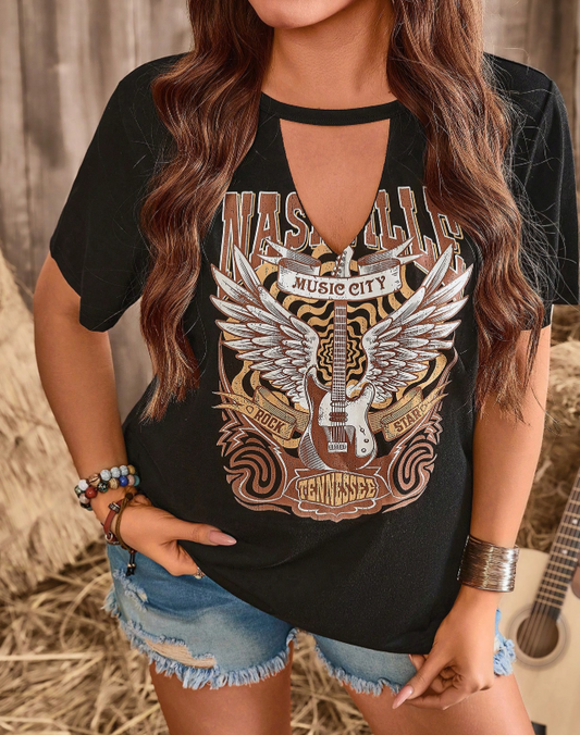 SHEIN LUNE Women's Plus Size Guitar Print Summer Blouse Short Sleeve Festival Casual Tops