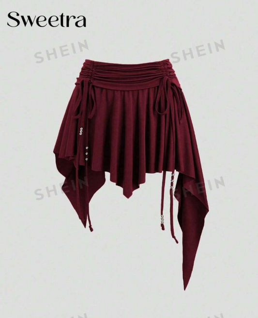 Sweetra Women's Asymmetrical Ruffled Drawstring Waist Mini Skirt, Casual Beach Western Cowboy Style, Y2K
