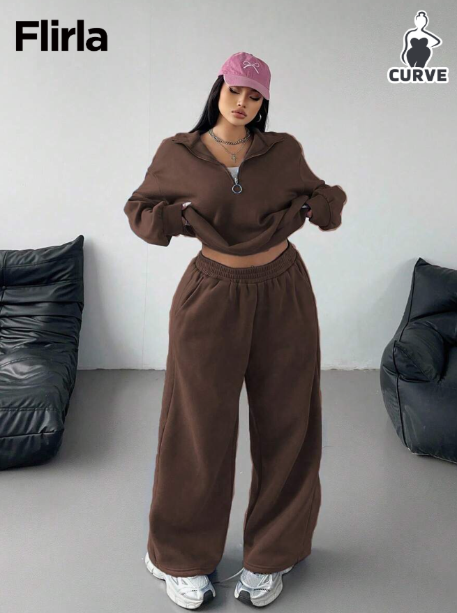 Flirla Plus Size Casual Solid Color Sweatshirt and Sweatpants Set