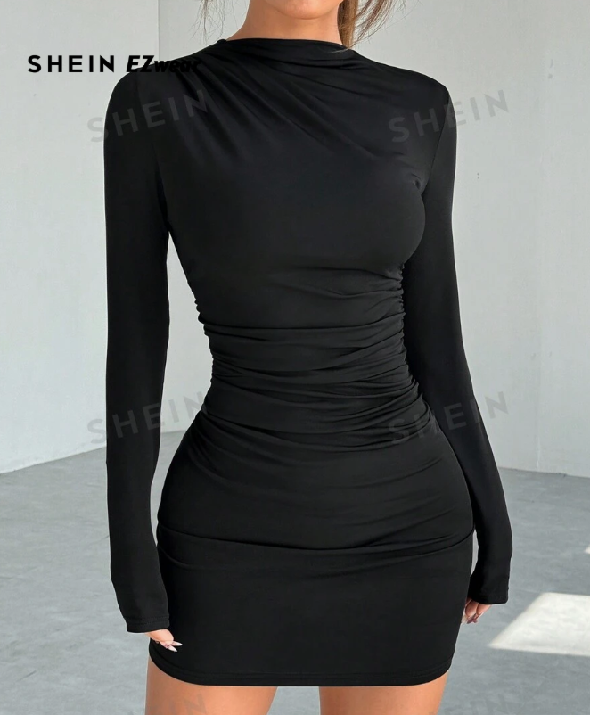 SHEIN EZwear Women's Draped Bodycon Dress, Solid Color, Sexy Long Sleeve Autumn Dress, Black Long Sleeve Dress