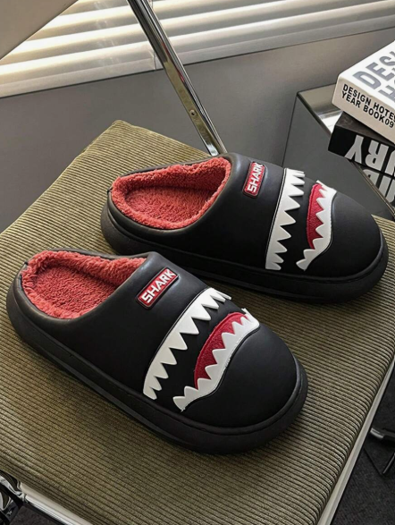 Men's Shark Design Indoor Slippers with Leather Upper and Thick Sole, Warm Bedroom Slippers