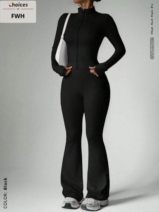 FWH 2-Piece Set: Compression Jacket and Flare Pants, Street Style Waist and Butt Lifter,