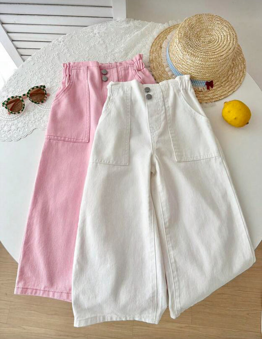 SHEIN LMoss Kids 2pcs/Set Girls' Pink & White Loose Fit Denim Pants