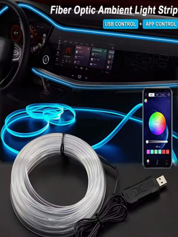 2/3/4/5m RGB LED Strip Light for Car Interior Ambient Lighting, Invisible Fiber Optic Atmosphere Lamp with USB, Compatible with App Control