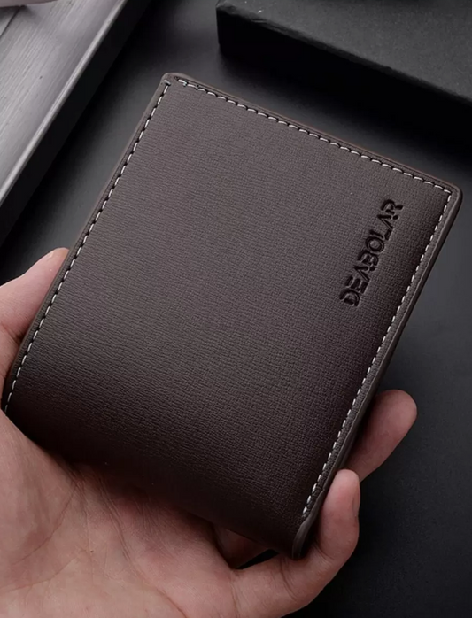 Small men's wallet with embossed lettering, credit card and ID window, bifold style,