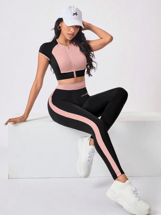 SHEIN Dewbera Women's Activewear Set with Short Sleeve Crew Neck Top with Contrast Zipper and Striped Design Long Pants - Women's Workout Leggings Set