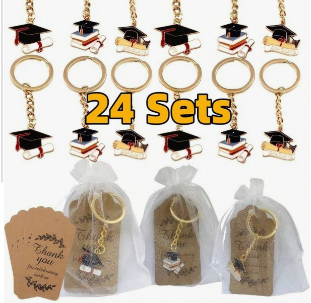 36 pieces/12 sets Graduation Keychain Gift Set, includes 12 keychains, 12 inspirational thank you cards, 12 organza drawstring bags, suitable for graduation and general occasions, graduation commemorative gift, carnival theme, graduation congratulations