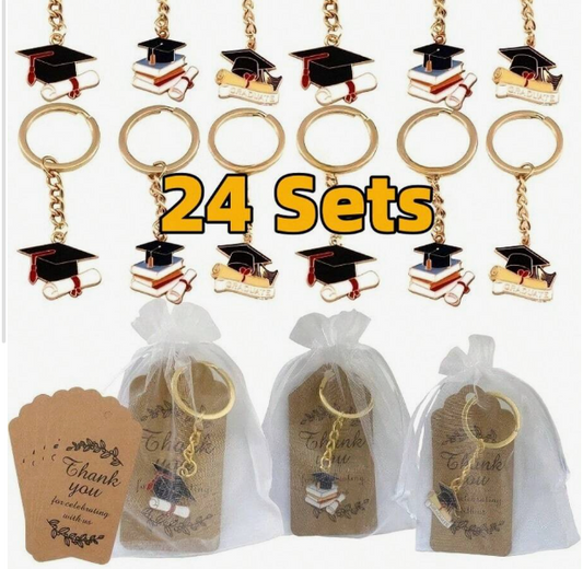 36 pieces/12 sets Graduation Keychain Gift Set, includes 12 keychains, 12 inspirational thank you cards, 12 organza drawstring bags, suitable for graduation and general occasions, graduation commemorative gift, carnival theme, graduation congratulations