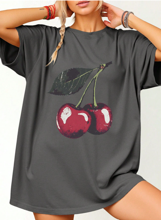 Plus Size Women's Cherry Print Round Neck Loose T-Shirt in Summer