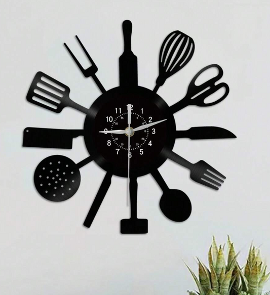 1 Piece Vinyl Record Wall Clock, Knife, Fork, and Spoon Wall Clock, Kitchen Utensil Theme Wall Clock