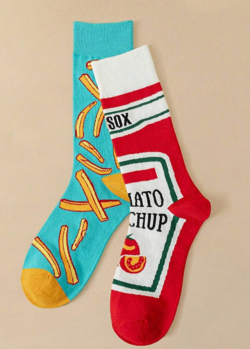 1 pair of creative mismatched socks with tomato and french fry print, mid-calf socks with lettering, comfortable and casual, suitable for everyday wear, unisex