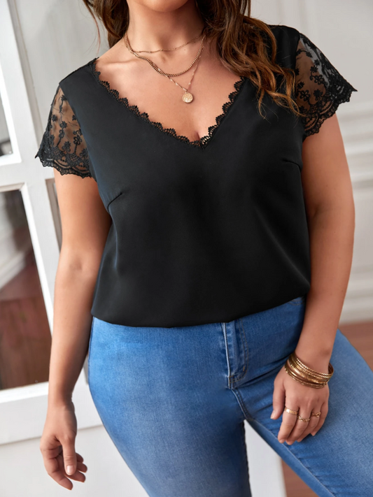 SHEIN Frenchy V-Neck Mesh Embroidery Blouse