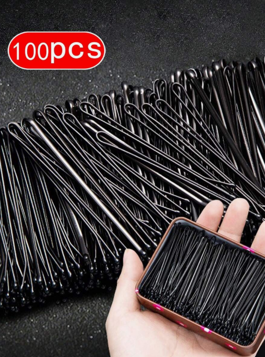 100 Pieces Black Hairpins for Women, Metal Hair Clips for Fixing Bangs and Side Hair, Wavy U-Shaped Hairpin, Professional Hairstyling Accessories and Tools