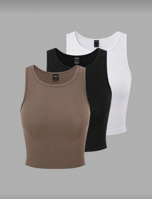 Qadelle 3pcs Women's Crop Tank Tops With Hem Stripe Design