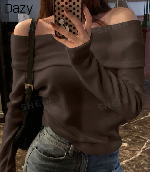 DAZY Women's Off-Shoulder Knit Top, Coffee Brown, Long Sleeve, Spring/Summer/Autumn, Women's Autumn Clothing