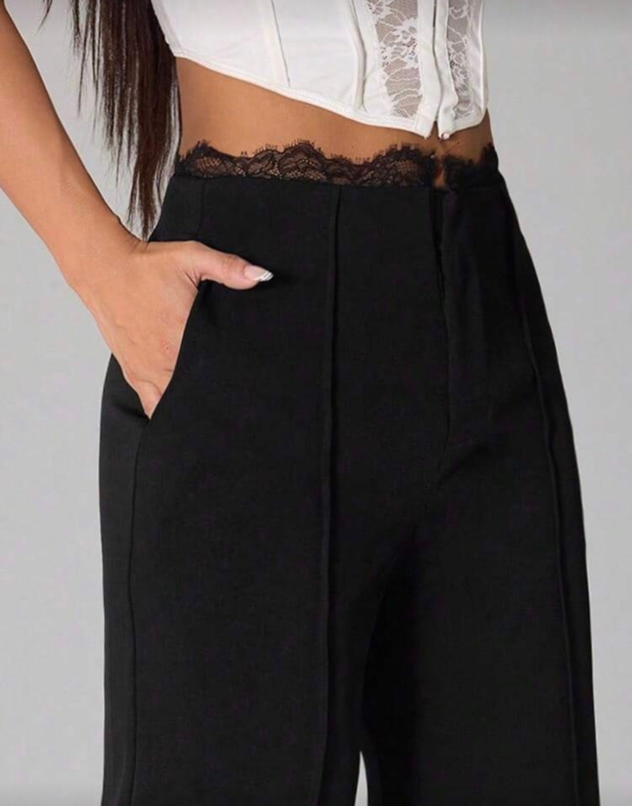 SHEIN PETITE Women's Sheer Lace Black Wide Leg Pants, Business Casual Trousers Suitable For Spring/Summer Office Wear ,Petite Women