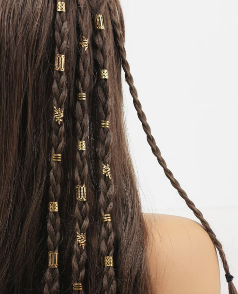 Set of 40 gold tone hair rings, vintage metal hair accessories for women, Y2K boho jewelry for dreadlocks for parties, Halloween and beach vacations