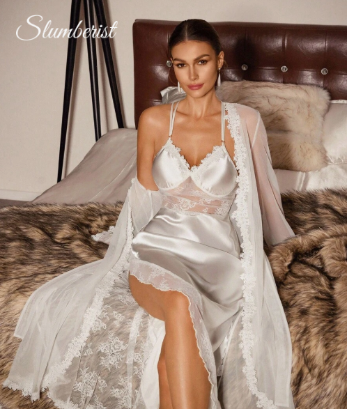 Slumberist Women's Satin and Lace Nightgown and Robe Set with Cross Back and Scalloped Hem