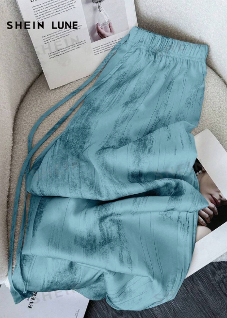 SHEIN LUNE Ice Silk Satin Wide Leg Trousers with Ink Paint Print