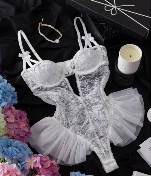 SHEIN Butterfly Lace Mesh Ruffle Underwired Sexy Sheer Lingerie Bodysuit for Women's Bridal Going Out