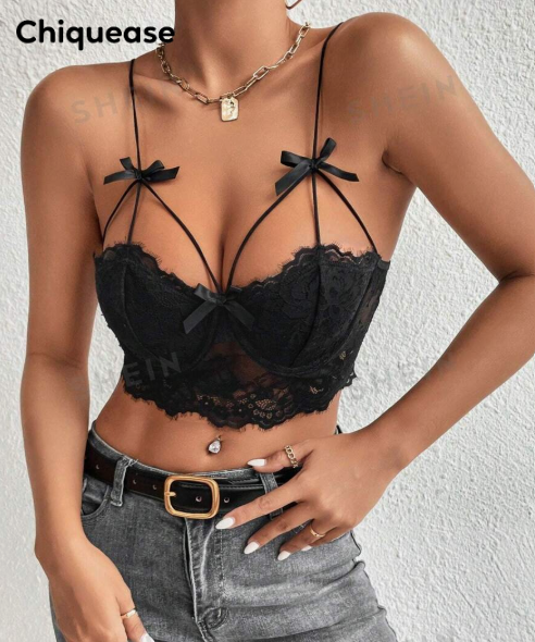 Chicuease Strappy Bustier Top with Front Tie and Eyelash Lace