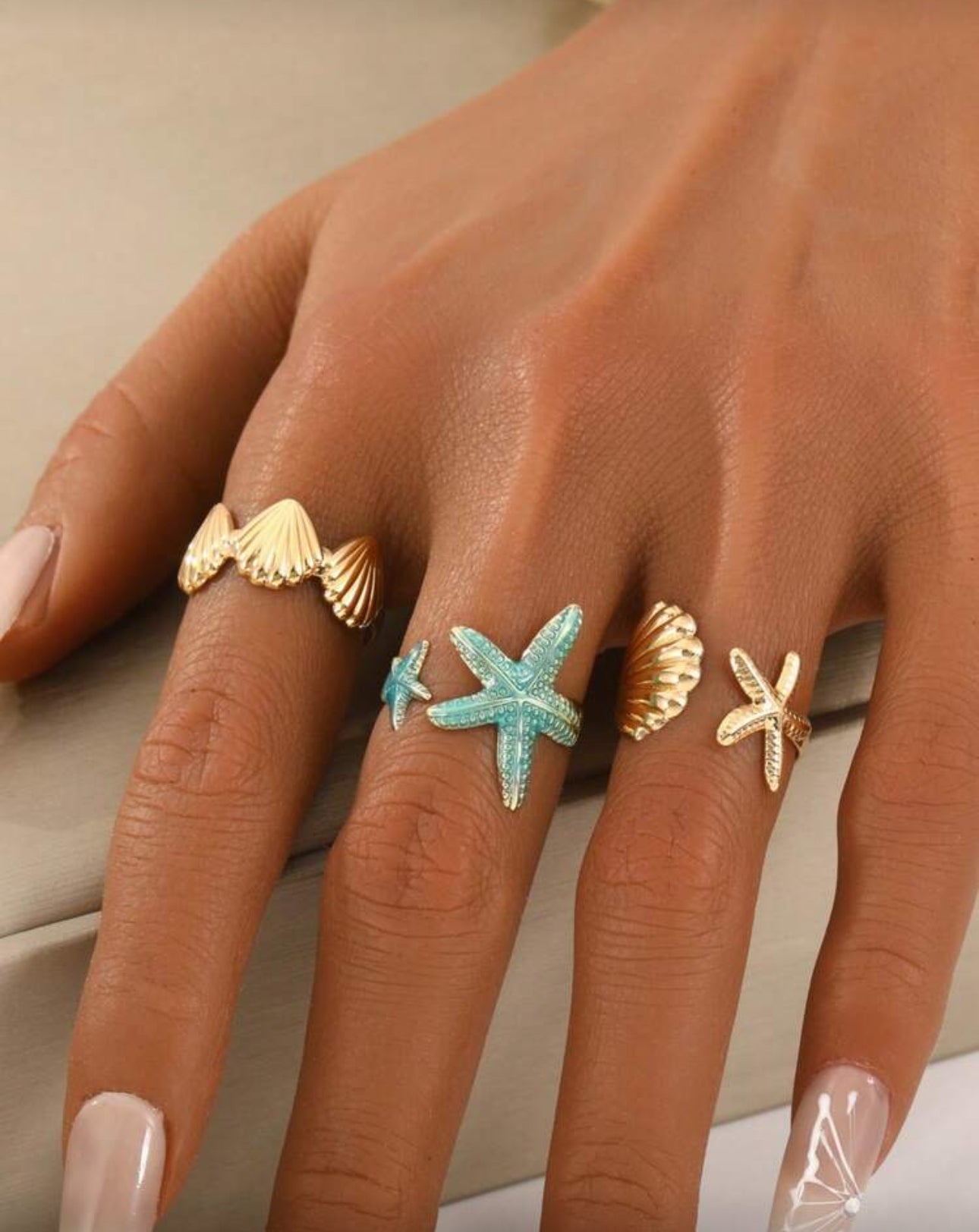 Ocean Themed Blue Starfish & Shell Open Ring Set