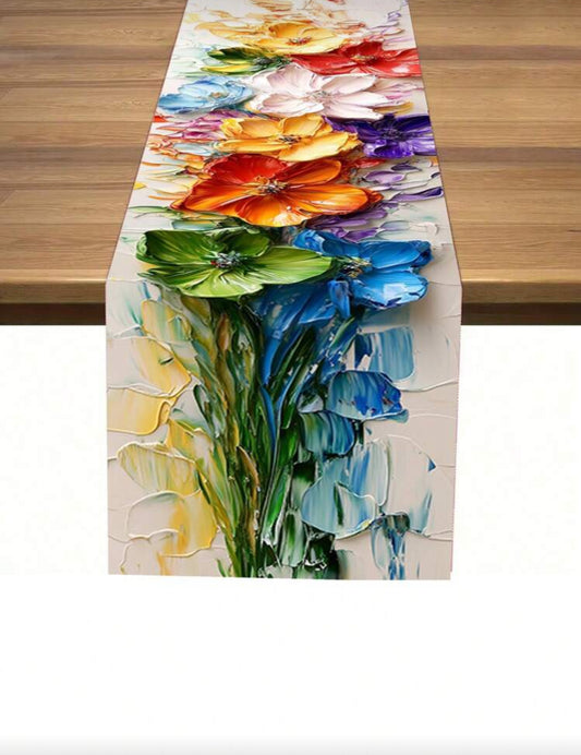 1pc Oil Painting Style Table Runner, Minimalist Versatile, Linen-Like Material, Suitable For Dining Room, Kitchen, Outdoor Party, Living Room, Coffee Table, Home Decor, Multiple Size Options