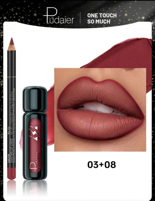Pudaier Matte Lip Liner & Lip Gloss Set - Lip Liner And Lip Gloss Set, Long-Lasting And Waterproof, Velvet Texture, Available In Nude And Plum Colors, Suitable For Daily And Holiday Makeup | Perfect Combination, Creates Flawless Lip Makeup, Non-Stick Form
