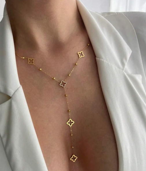TONSI 1 Piece Y-Shaped Four Leaf Clover Pendant Necklace, 18K Gold Plated with Stainless Steel and Cubic Zirconia, Minimalist and Luxurious Style Choker Necklace, Suitable for Women's Daily Wear, Dates and Party Occasions