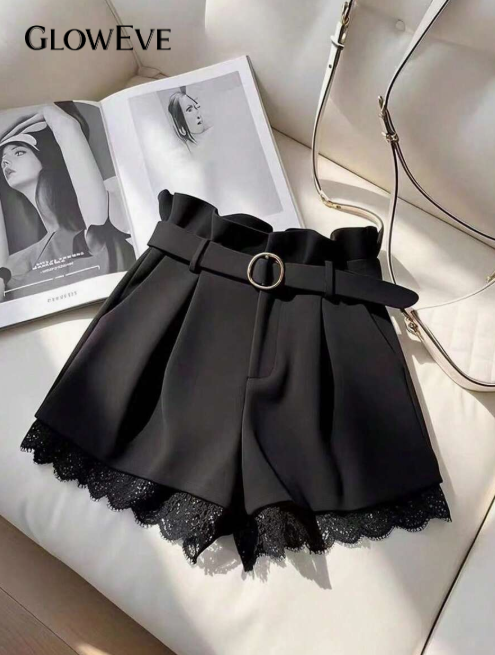 GlowEve Women's Summer Shorts with Elegant Solid Color Lace Patches