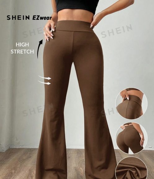 SHEIN EZwear Women's Slim Fit Knit Flare Trousers in Brown