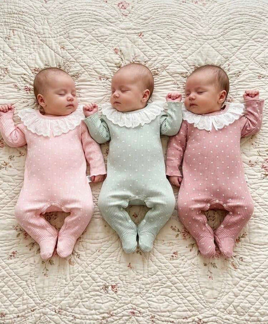 SHEIN 3pcs/Set Baby Girl White Polka Dot Printed Footed Jumpsuit With Lace Trimmed Neckline, Homewear