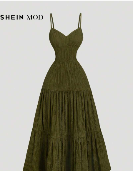 SHEIN MOD 1 Piece Olive Green Dress with Spaghetti Straps and Ruffled Waist, Elegant Bohemian Fairy Costume for Summer Vacation, Outfit for Women for Homecoming, Festival and Tea Party