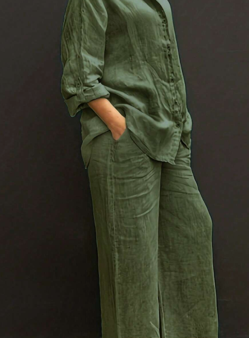 Slim-fit polo collar casual cardigan, versatile solid-color elegant blouse suitable for the beach, daily wear, work, shopping, soft and comfortable fabric, loose-fitting pants with elastic waistband, 2-piece set, spring/summer/autumn