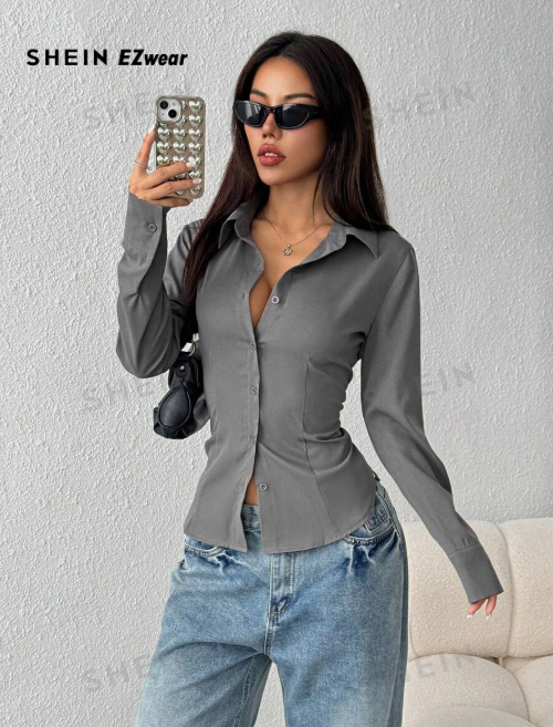 SHEIN EZwear Women's Casual Long Sleeve Button Front Lace-Up Shirt in Solid Color