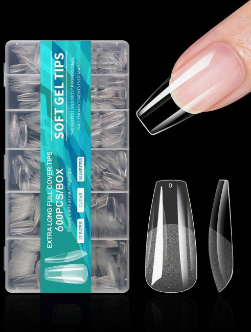600 Pieces Full Cover False Nail Tips, Pointed, Almond, Square, Coffin, French Style, Soak Off Gel Extension Nail Tips, Capsule False Nail Supplies