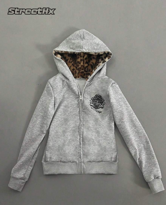 StreetHx Women's Grey Leopard Print Slim Fit Knit Hoodie, Gothic Style, Autumn/Winter, Ideal for Graduation, Teachers and Back to School