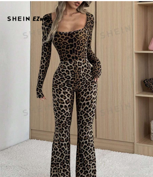 SHEIN EZwear Women's Fashionable Leopard Print Jumpsuit with Square Neck, Long Sleeves, and Flared Hem for Autumn