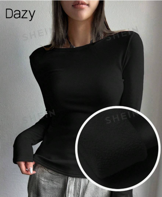 DAZY Women's Long Sleeve Thermal T-Shirt with Round Neck, Slim Fit, Thermal Lining