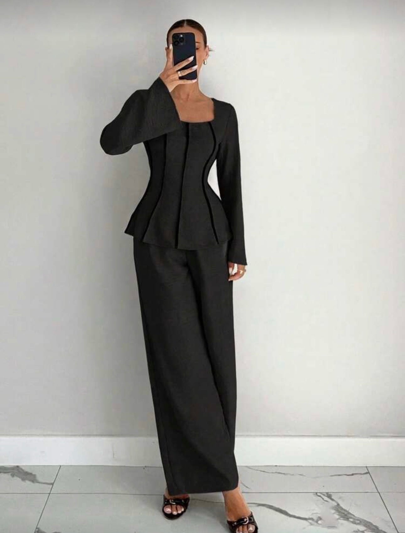 Siren Gaze Women's Solid Color Square Neck Flare Sleeve Top And Pants Suit, New Autumn Set