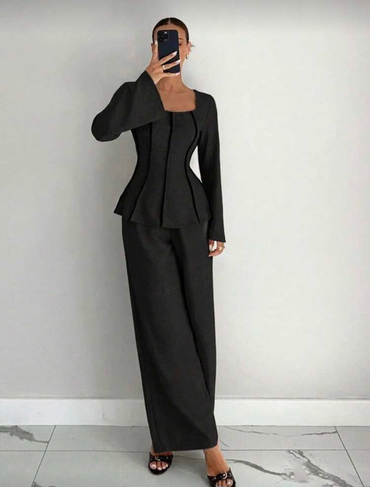 Siren Gaze Women's Solid Color Square Neck Flare Sleeve Top And Pants Suit, New Autumn Set