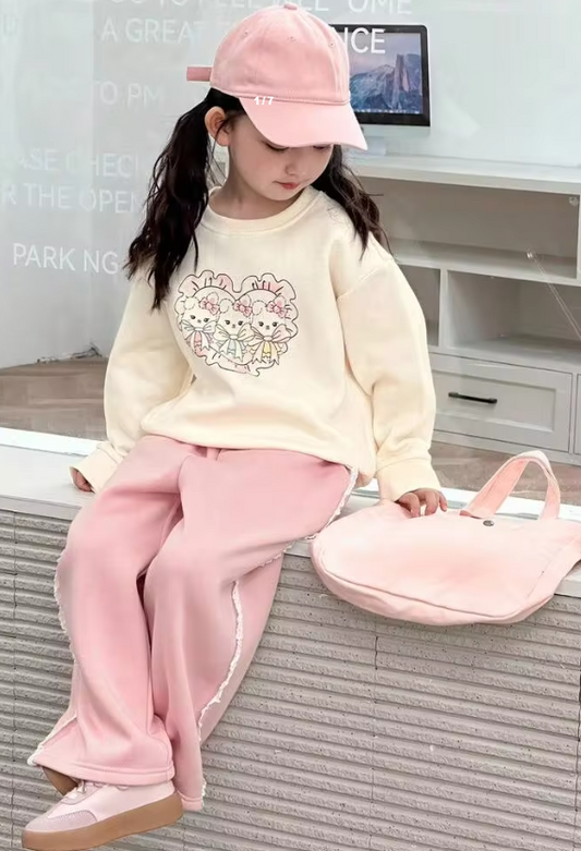 Dazy Kids 2pcs Young Girl Girls Crew Neck Thermal Lined Printed Sweatshirt And Pants Set, Fall