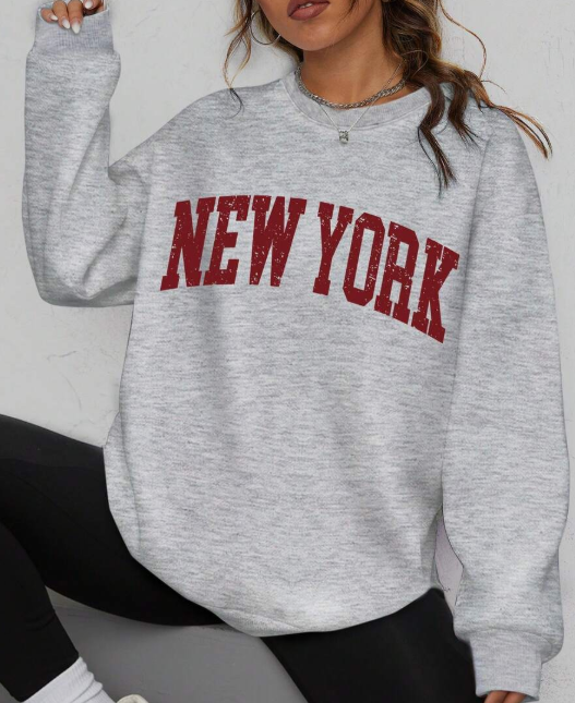 Women's distressed vintage New York letter print sweatshirt, thick crew neck sweatshirt,
